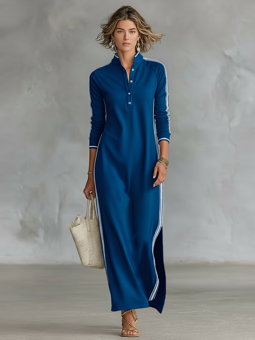 Vestido largo de mujer estilo minimalista con cuello camisero, botones y ribetes blancos