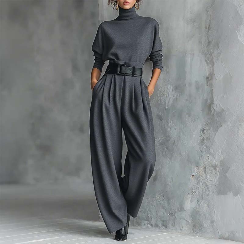 Conjunto Elegante de Mujer de Dos Piezas con Cuello Alto y Pantalón de Cintura Alta