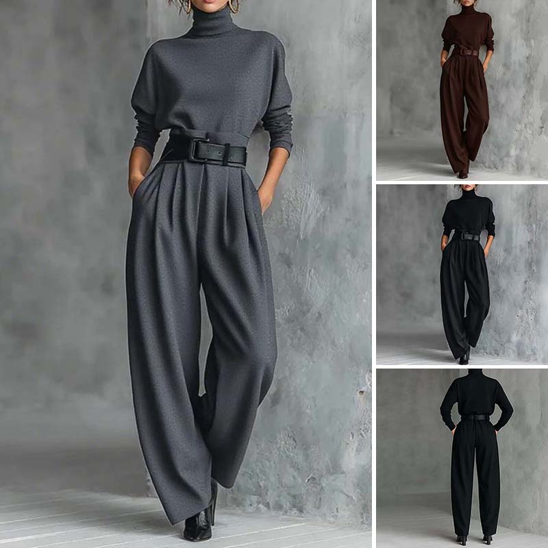 Conjunto Elegante de Mujer de Dos Piezas con Cuello Alto y Pantalón de Cintura Alta