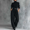 Conjunto Elegante de Mujer de Dos Piezas con Cuello Alto y Pantalón de Cintura Alta